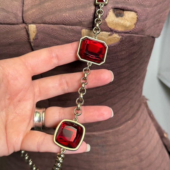 Chico's Goldtone & Faux Ruby Red Lariat Length Rolo Chain Necklace - Picture 3 of 12